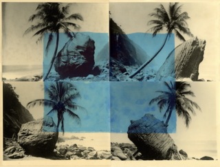 Bruno V. Roels - Sailors Turned To Stone (Gorgon Blue), 2023, Composition of 4 gelatin silver prints with lino cut ink, 55 x 70 cm